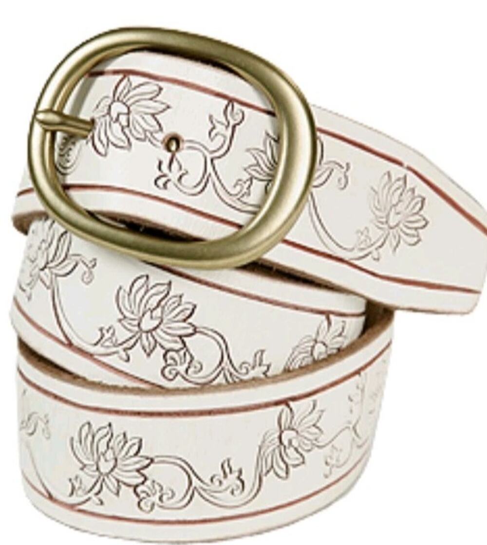 Lucky Brand Chimaera Scored Leather Belt Womens 30 White Brass Buckle Floral